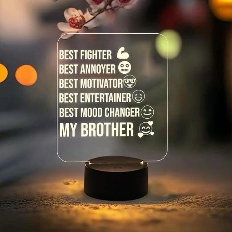 Gift of Brother Engraved Acrylic Night Light with USB & Warm White Light Birthday Gift for Brother Best Fighter Best Entertainer Night Lamp Gift for Bhai